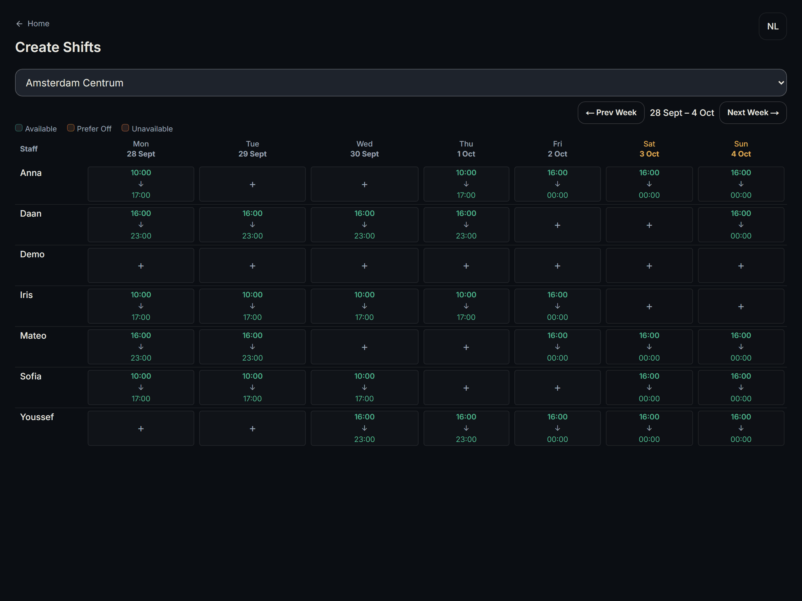 Weekly roster grid with staff rows and day columns